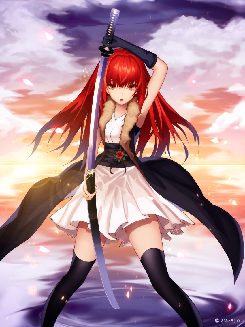 absurdres armpits black_cape black_legwear cape cloud cup6542 dress floating_hair fur_trim highres holding holding_sheath holding_sword holding_weapon lens_flare long_hair looking_at_viewer open_mouth orange_eyes original outdoors red_eyes red_hair sheath short_dress sleeveless sleeveless_dress solo standing sword thighhighs unsheathing very_long_hair weapon white_dress