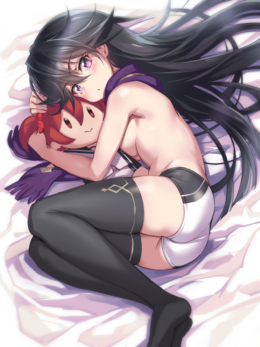 absurdres ass bed_sheet black_hair blush breasts character_doll commentary convenient_arm eyebrows_visible_through_hair from_behind hair_between_eyes highres isshiki_akane kuroki_rei long_hair looking_at_viewer looking_back lying medium_breasts michairu national_shin_ooshima_school_uniform on_side open_mouth purple_eyes purple_scarf scarf shiny shiny_hair shiny_skin short_shorts shorts solo thighhighs topless vividred_operation