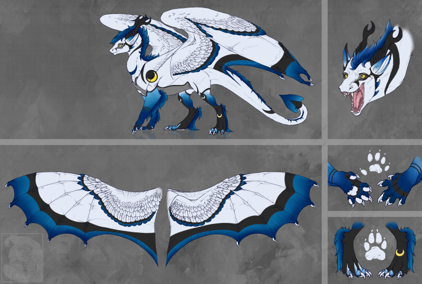 2015 arsauron blue_fur claws digital_media_(artwork) dragon feathered_dragon feathers feral fur furred_dragon membranous_wings model_sheet solo white_feathers wings yellow_eyes