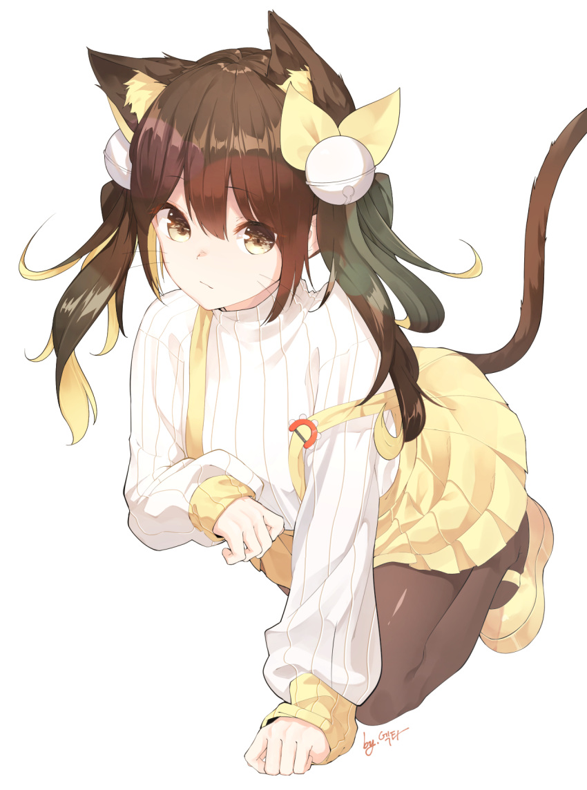 animal_ear_fluff animal_ears arm_support artist_name bangs bell bent_over black_legwear bow brown_eyes brown_hair cat_ears cat_girl cat_tail closed_mouth expressionless eyebrows_visible_through_hair hair_between_eyes hair_bow hair_ornament highres jingle_bell long_hair long_sleeves looking_at_viewer mary_janes miniskirt original pantyhose pleated_skirt ribbed_sweater se.a shoes sidelocks signature simple_background skirt sleeves_past_wrists solo suspender_skirt suspenders sweater tail twintails whiskers white_background white_sweater yellow_bow yellow_footwear yellow_skirt