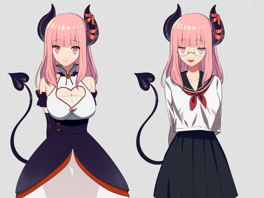 :d arms_behind_back bare_shoulders black_gloves black_tail breasts cleavage cleavage_cutout curled_horns demon_girl demon_horns demon_tail elbow_gloves eve.ch eve_valerne glasses gloves high-waist_skirt horn_ribbon horns large_breasts open_mouth pink_eyes pink_hair red_ribbon ribbon school_uniform see-through shimobebe simple_background skirt smile succubus tag tail virtual_youtuber