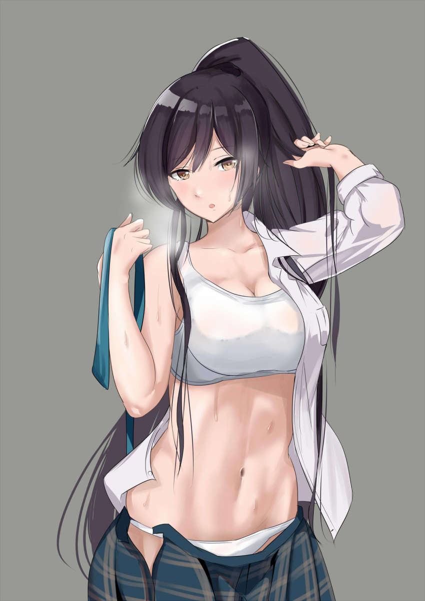:o abs bangs black_hair bra breasts brown_eyes cleavage commentary_request cowboy_shot dress_shirt eyebrows_visible_through_hair green_ribbon green_skirt grey_background hand_in_hair highres holding holding_ribbon hot idolmaster idolmaster_shiny_colors large_breasts long_hair long_sleeves looking_at_viewer navel open_clothes open_shirt open_skirt panties partial_commentary plaid plaid_skirt pleated_skirt ponytail ribbon schreibe_shura shirase_sakuya shirt simple_background skindentation skirt solo sports_bra standing steam sweat underwear undressing very_long_hair white_bra white_panties white_shirt