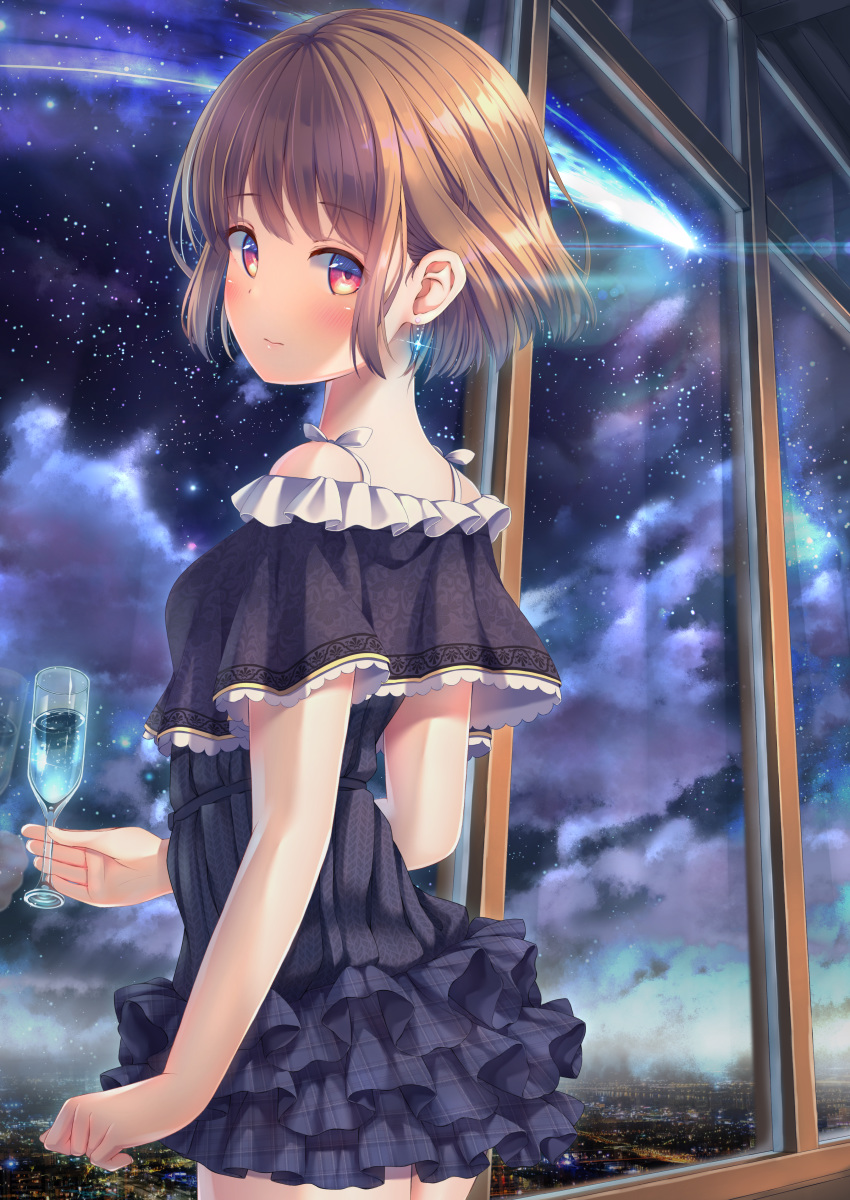 1girl absurdres black_capelet black_dress blush brown_hair capelet cloud cowboy_shot cup dress eyebrows_visible_through_hair highres holding holding_cup huge_filesize indoors layered_dress looking_at_viewer night original red_eyes shiny shiny_hair short_dress short_hair sky solo star_(sky) starry_sky unwitherer window