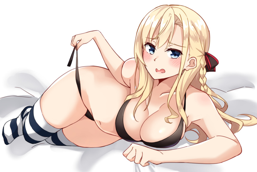 bangs bare_arms bare_shoulders bed_sheet bikini black_bow blonde_hair blue_eyes blush bow braid breasts cleavage commentary_request eyebrows_visible_through_hair full_body hair_between_eyes hair_bow high_school_fleet highres kapatarou large_breasts long_hair looking_at_viewer lying no_shoes on_side open_mouth side-tie_bikini side_braid single_braid solo striped striped_legwear swimsuit thighhighs untied untied_bikini very_long_hair wilhelmina_braunschweig_ingenohl_friedeburg
