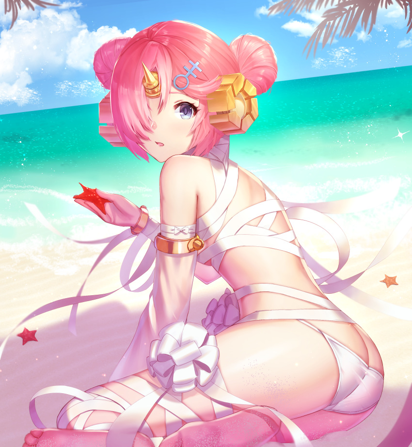 absurdres ass bandages beach blue_eyes breasts commentary_request day dolce_(dolsuke) double_bun fate/grand_order fate_(series) frankenstein's_monster_(fate) frankenstein's_monster_(swimsuit_saber)_(fate) hair_ornament hairclip highres horn looking_back open_mouth pink_hair ribbon short_hair small_breasts solo starfish white_ribbon