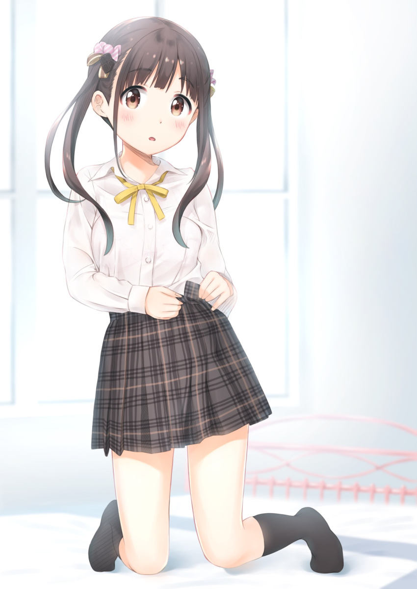 bashosho black_legwear blurry blurry_background blush brown_eyes brown_hair brown_skirt candy_hair_ornament candy_wrapper collared_shirt commentary_request depth_of_field dress_shirt fingernails food_themed_hair_ornament full_body hair_ornament head_tilt highres idolmaster idolmaster_shiny_colors indoors kneehighs kneeling long_hair long_sleeves looking_at_viewer neck_ribbon no_shoes parted_lips plaid plaid_skirt pleated_skirt ribbon school_uniform shirt skirt sleeves_past_wrists solo sonoda_chiyoko twintails white_shirt window yellow_ribbon
