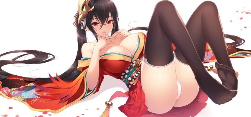ahoge ass azur_lane bangs bare_shoulders bell black_hair black_legwear blush breasts cait cleavage collarbone commentary crossed_bangs eyebrows_visible_through_hair feathers hair_between_eyes hair_ornament hair_ribbon highres huge_breasts japanese_clothes jingle_bell kimono large_breasts long_hair looking_at_viewer lying mask mask_on_head no_shoes obi off_shoulder on_back open_mouth panties petals pleated_skirt red_eyes red_kimono red_ribbon ribbon sash short_kimono sidelocks simple_background skirt smile solo striped striped_ribbon taihou_(azur_lane) tassel thighhighs thighs twintails underwear very_long_hair white_background white_panties wide_sleeves