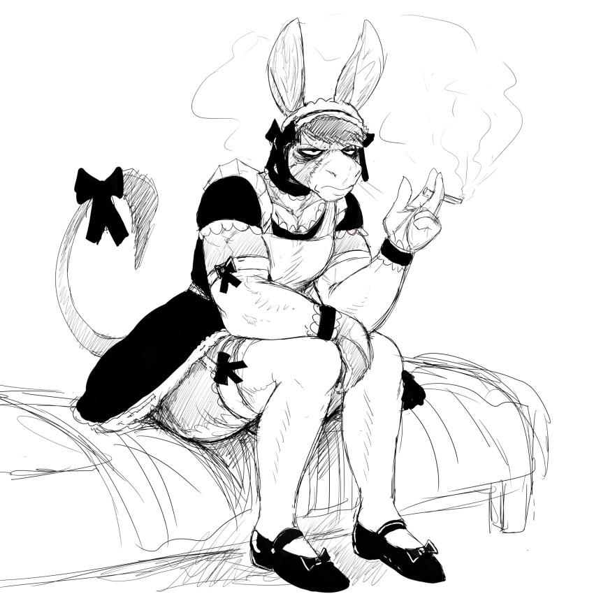 angry anthro armwear bed bow cigarette clothed clothing crossdressing donk donkey elbow_gloves equine frown garter gloves half-closed_eyes hi_res hladilnik legwear maid_uniform male mammal monochrome muscular muscular_male on_bed ribbons simple_background sitting sketch smoke smoking solo thigh_highs uniform white_background