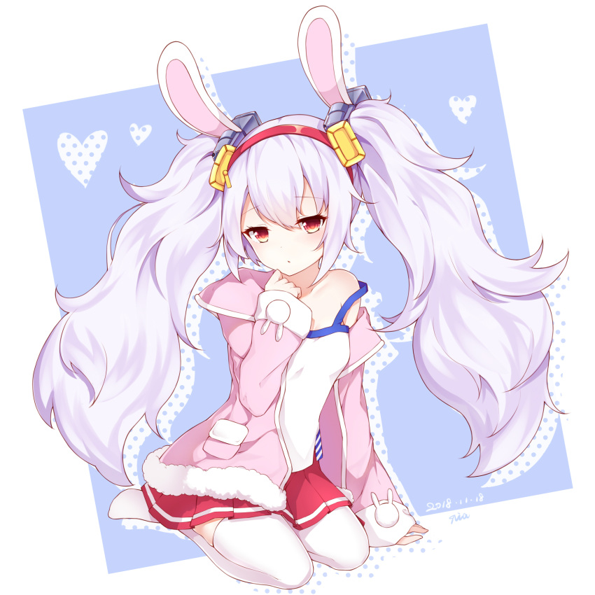 :o absurdres animal_ears azur_lane blue_background breasts bunny_ears commentary_request eyebrows_visible_through_hair fake_animal_ears fur-trimmed_jacket fur_trim hair_between_eyes hairband highres jacket laffey_(azur_lane) long_hair long_sleeves looking_at_viewer open_clothes open_jacket pink_jacket poinia red_eyes red_hairband red_skirt silver_hair sitting skirt small_breasts thighhighs twintails two-tone_background very_long_hair wariza white_background white_camisole white_legwear