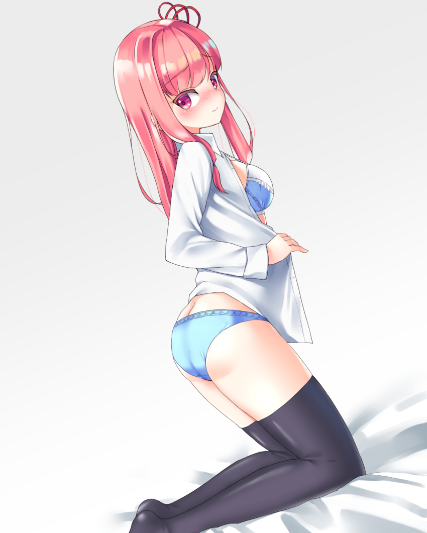 ass bangs bed_sheet black_legwear blue_bra blue_panties blunt_bangs blush bra breasts butt_crack closed_mouth commentary crotch_seam dress_shirt eyebrows_visible_through_hair frilled_bra frills from_side gradient gradient_background grey_background hair_ornament hair_ribbon highres kneeling kotonoha_akane legs light_frown long_hair long_sleeves looking_at_viewer looking_back medium_breasts menbou_(menbow3v) no_pants on_bed open_clothes open_shirt panties pink_hair red_eyes ribbon shirt solo thighhighs underwear undressing voiceroid