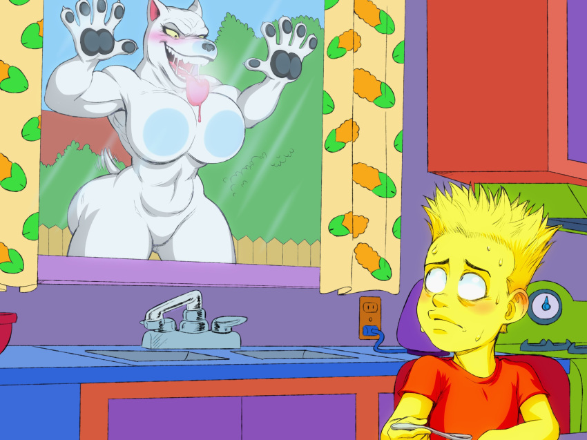 abs bart_simpson blush breast_squish breasts canine dog drooling featureless_breasts featureless_crotch female fur goodbadartist hi_res human kitchen mammal muscular muscular_female on_glass saliva saliva_string sweat tailwag the_simpsons thick_thighs white_fur yellow_skin young