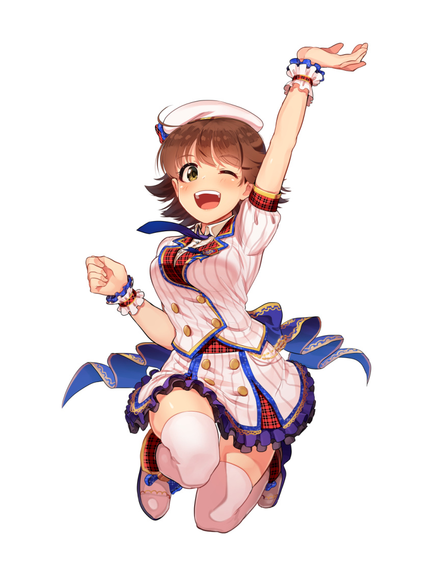 ahoge arm_up blue_neckwear blush breasts brown_eyes brown_hair eyebrows_visible_through_hair frilled_skirt frills full_body hat highres honda_mio idolmaster idolmaster_cinderella_girls kamille_(vcx68) large_breasts looking_at_viewer necktie one_eye_closed open_mouth puffy_short_sleeves puffy_sleeves short_hair short_sleeves skirt smile solo teeth thighhighs white_hat white_skirt