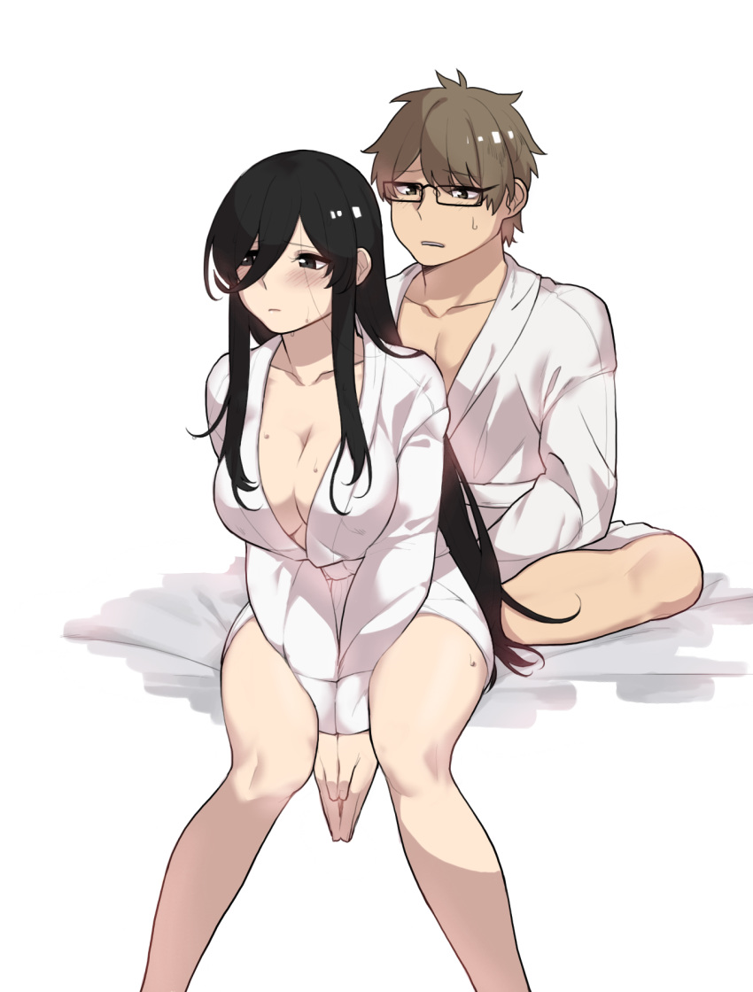 1girl black_eyes black_hair blush breasts brown_eyes brown_hair center_opening couple eyebrows_visible_through_hair glasses hair_between_eyes hands_clasped highres large_breasts long_hair looking_at_another mimyo original own_hands_together robe sitting sweat very_long_hair
