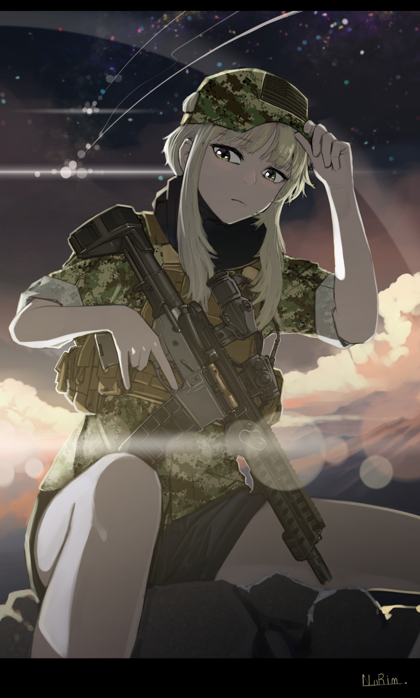 absurdres adjusting_clothes adjusting_hat aimpoint american_flag ar-15 camouflage gun hat highres load_bearing_vest long_hair looking_at_viewer magazine_(weapon) military military_hat military_uniform nurim original p416 rifle short_hair_with_long_locks signature sitting trigger_discipline uniform weapon