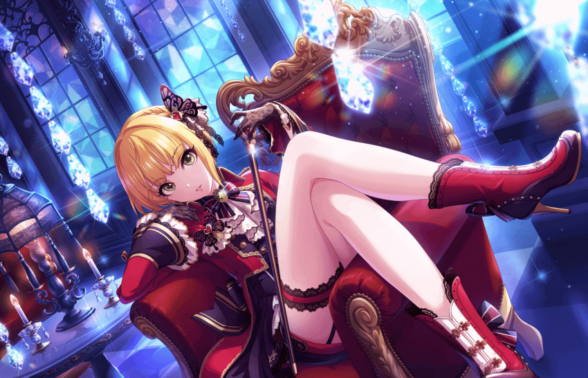 alternate_costume artist_request bangs blonde_hair boots bow breasts butterfly_ornament candle checkered checkered_floor cravat crossed_legs dutch_angle eyebrows_visible_through_hair eyelashes frills garter_straps gloves green_eyes hair_ornament high_heel_boots high_heels holding idolmaster idolmaster_cinderella_girls idolmaster_cinderella_girls_starlight_stage indoors jacket lace leg_garter legs long_sleeves looking_at_viewer medium_breasts miyamoto_frederica official_art parody short_hair sitting solo table window