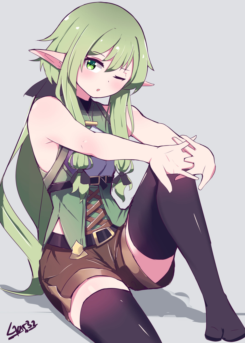 ;o absurdres armpits bare_shoulders blush bow commentary elf goblin_slayer! green_eyes green_hair hair_bow high_elf_archer_(goblin_slayer!) highres interlocked_fingers long_hair low_ponytail one_eye_closed open_mouth pointy_ears shorts sidelocks sitting sleeveless solo tegar32 thighhighs