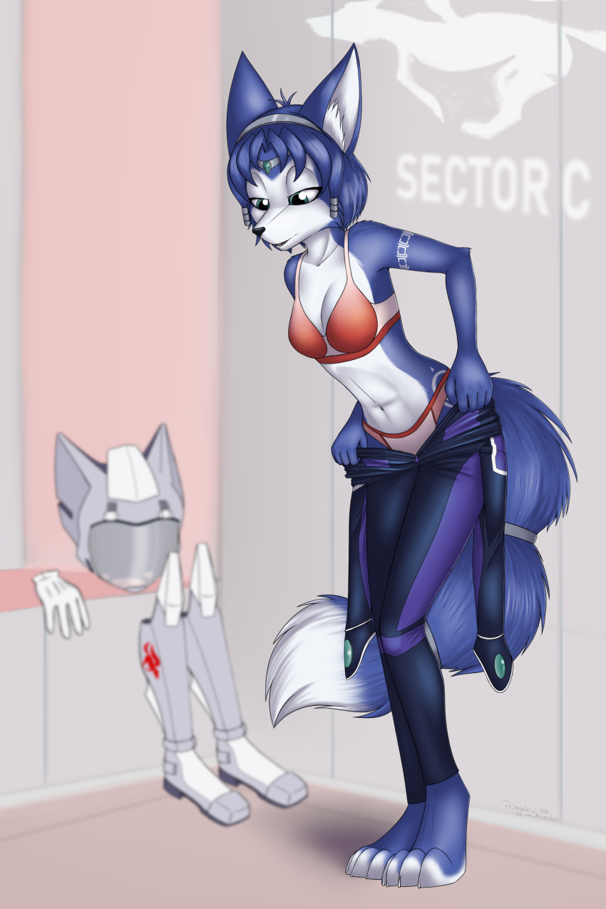 2018 5_fingers anthro biped black_nose blue_fur blue_hair bodysuit bra breasts canine cleavage clothed clothing digital_media_(artwork) digitigrade eyelashes female fox fur green_eyes hair hi_res krystal legwear mammal mancoin navel nintendo open_mouth panties science_fiction signature simple_background skinsuit small_breasts smile solo standing star_fox teeth text tight_clothing toes underwear undressing video_games white_fur