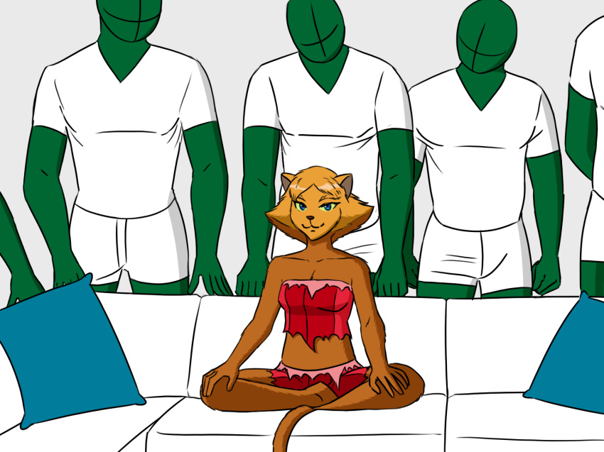 2018 5_fingers alternate_species anonymous anthro blue_eyes breasts brown_fur brown_hair cat cleavage clothed clothing clover_(totally_spies) digital_media_(artwork) faceless_male feline female fur green_skin group hair hi_res humanoid looking_at_viewer male mammal meme parody piper_perri_surrounded pose redout simple_background sitting smile sofa torn_clothing totally_spies yellow_sclera zeigram