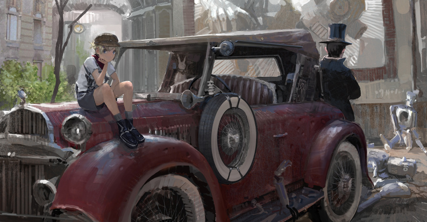 1girl androgynous cabbie_hat ground_vehicle hat highres motor_vehicle original paindude robot scenery short_hair shorts sitting sitting_on_object steampunk top_hat