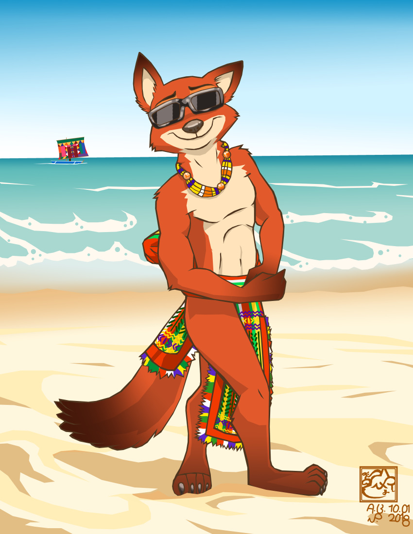 abs absurd_res athletic beach biceps blasitohtf_(artist) boat canine clothed clothing disney eyewear flexing fox hi_res jewelry male mammal necklace nick_wilde pecs sea seaside solo sunglasses topless vehicle water zootopia