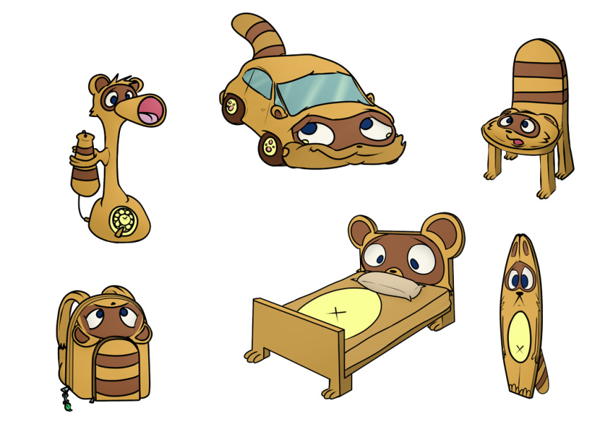 ambiguous_gender animate_inanimate backpack bed brakkwani candlestick_telephone canine car chair inanimate_transformation mammal phone pillow rotary_phone simple_background solo surfboard tanuki transformation vehicle white_background