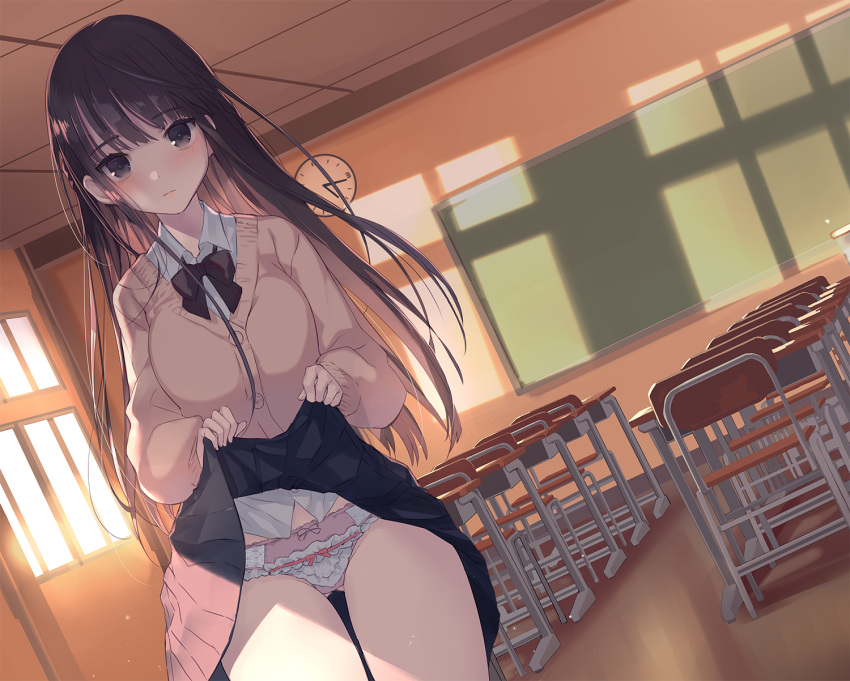blush bow breasts brown_eyes brown_hair classroom commentary_request dutch_angle frilled_panties frills gin_(oyoyo) highres large_breasts lifted_by_self long_hair looking_at_viewer original panties partial_commentary pink_panties school school_uniform sunset sweater underwear