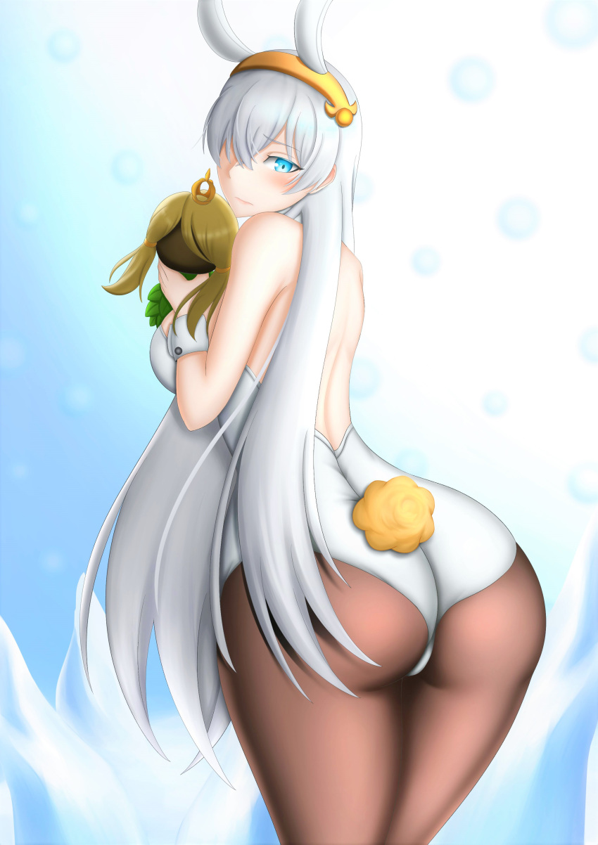 1girl anastasia_(fate/grand_order) animal_ears ass bare_shoulders blue_eyes blush breasts bunny_ears bunny_tail bunnysuit fake_animal_ears fate/grand_order fate_(series) from_behind large_breasts leotard long_hair looking_at_viewer looking_back pantyhose sideboob silver_hair smile solo str tail very_long_hair