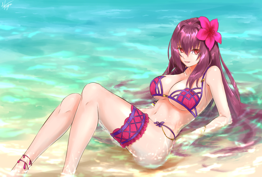 anklet ass bare_shoulders bikini bracelet breasts cleavage fate/grand_order fate_(series) flower hair_flower hair_ornament highres jewelry long_hair looking_at_viewer mitsugu navel ocean outdoors partially_submerged purple_bikini purple_hair red_eyes scathach_(fate)_(all) scathach_(swimsuit_assassin)_(fate) sitting smile solo swimsuit very_long_hair