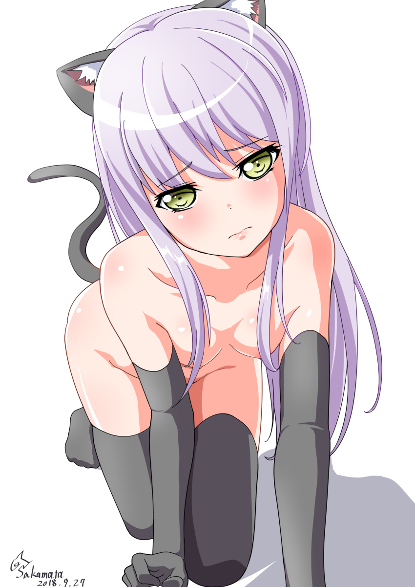 10s 1girl 2018 all_fours animal_ears areolae artist_name bang_dream! bare_shoulders blush breasts cat_ears cat_tail convenient_arm convenient_censoring dated eyebrows_visible_through_hair gloves green_eyes hair_censor hanging_breasts head_tilt long_hair looking_at_viewer minato_yukina purple_hair sakamata simple_background small_breasts solo tail thighhighs wavy_mouth white_background