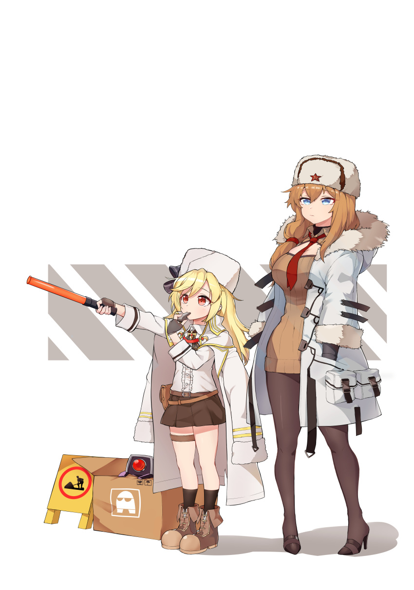 absurdres bangs baton belt black_legwear blonde_hair blue_eyes boots box breasts brooch brown_belt brown_footwear buckle cleavage cleavage_cutout coat dinergate_(girls_frontline) eyebrows_visible_through_hair fingerless_gloves fur_hat fur_trim girls_frontline gloves hair_between_eyes hammer_and_sickle hat high_heels highres holster jacket jacket_on_shoulders jewelry long_hair long_sleeves looking_to_the_side mod3_(girls_frontline) mosin-nagant_(girls_frontline) multiple_girls multiple_straps nagant_revolver_(girls_frontline) necktie nemomo open_clothes open_coat pantyhose pouch red_eyes red_neckwear red_star ribbon shadow shirt siblings side_ponytail sign sisters skirt socks star strap thigh_strap uniform ushanka warning_sign whistle white_hat white_jacket white_shirt