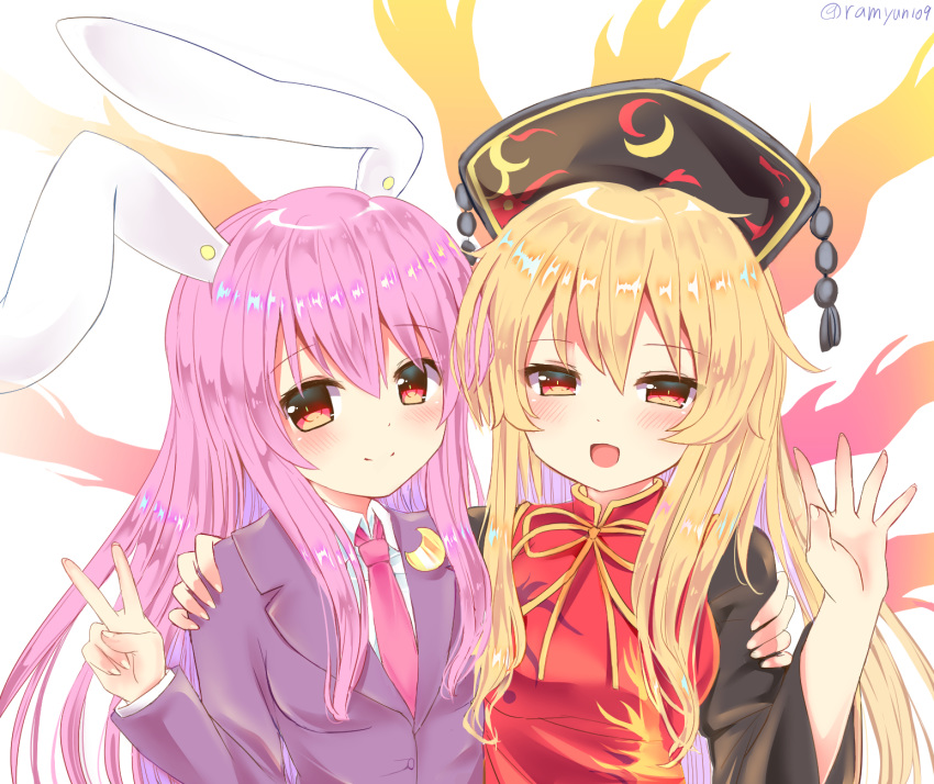 :d animal_ears artist_name aura bangs black_dress black_jacket blazer blonde_hair blush breasts bunny_ears commentary_request crescent crescent_moon_pin dress eyebrows_visible_through_hair hair_between_eyes hand_on_another's_shoulder hand_up headdress highres jacket junko_(touhou) long_hair long_sleeves looking_at_viewer medium_breasts multiple_girls neck_ribbon necktie open_mouth pink_neckwear purple_hair ramudia_(lamyun) red_eyes reisen_udongein_inaba ribbon shirt sidelocks simple_background smile tabard tassel touhou twitter_username upper_body v white_background white_shirt wide_sleeves yellow_neckwear yellow_ribbon