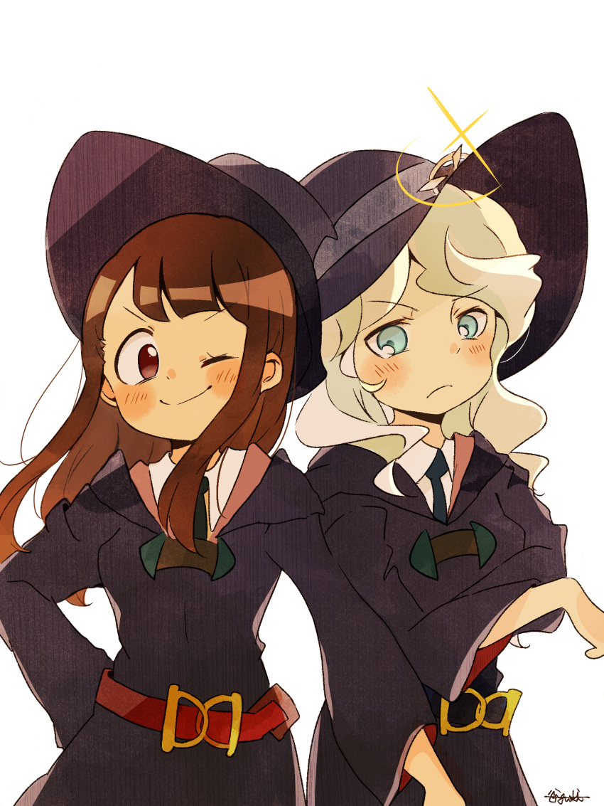 ;) absurdres blue_eyes blush brown_hair commentary_request cowboy_shot diana_cavendish frown hat highres kagari_atsuko light_green_hair little_witch_academia looking_at_viewer luna_nova_school_uniform multiple_girls one_eye_closed red_eyes satuki05maguro simple_background smile v-shaped_eyebrows white_background wide_sleeves witch witch_hat