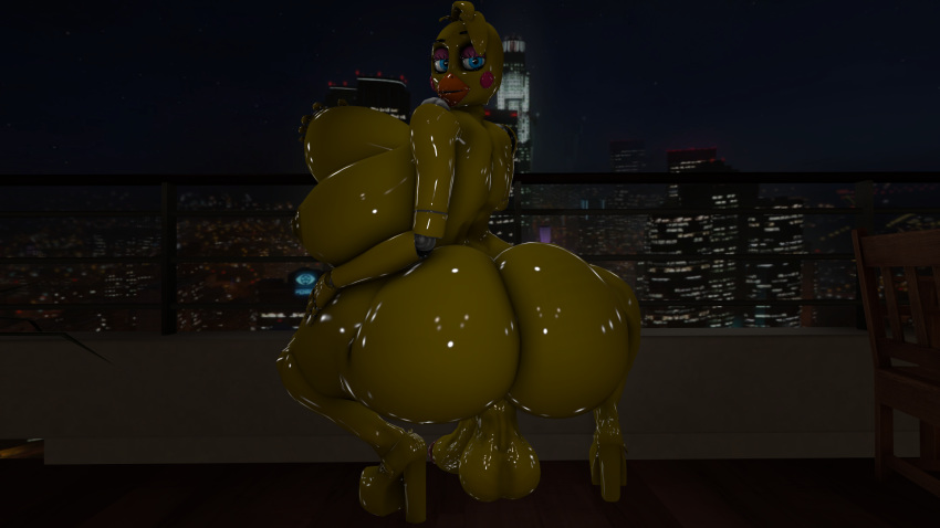 animatronic anthro avian big_breasts big_butt big_penis breasts butt chica_(fnaf) clothing dickgirl five_nights_at_freddy's five_nights_at_freddy's_2 footwear grope hand_on_breast high_heels huge_breasts huge_butt intersex looking_at_viewer machine night outside penis robot shoes solo thatblackcopfromdawnofthedead video_games