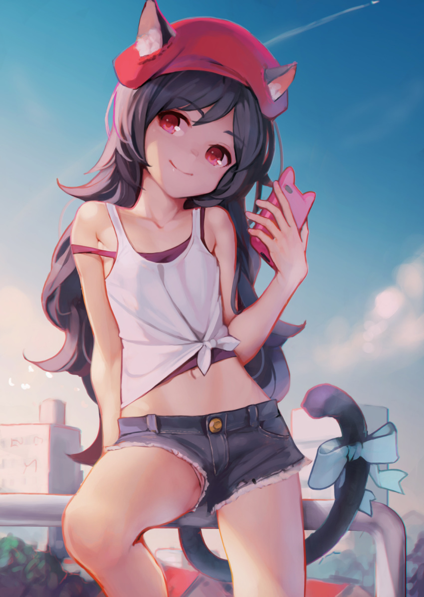 animal_ear_fluff animal_ears ataruman black_hair blue_ribbon blue_sky cat_ears cat_tail cellphone cloud commentary_request condensation_trail contrapposto cowboy_shot cutoffs day ears_through_headwear eyebrows_visible_through_hair hat head_tilt highres long_hair looking_at_viewer luna_skylark midriff navel outdoors panties panty_peek phone red_eyes ribbon shirt short_shorts shorts sitting sky smile solo strap_slip tail tail_ribbon tank_top tied_shirt underwear