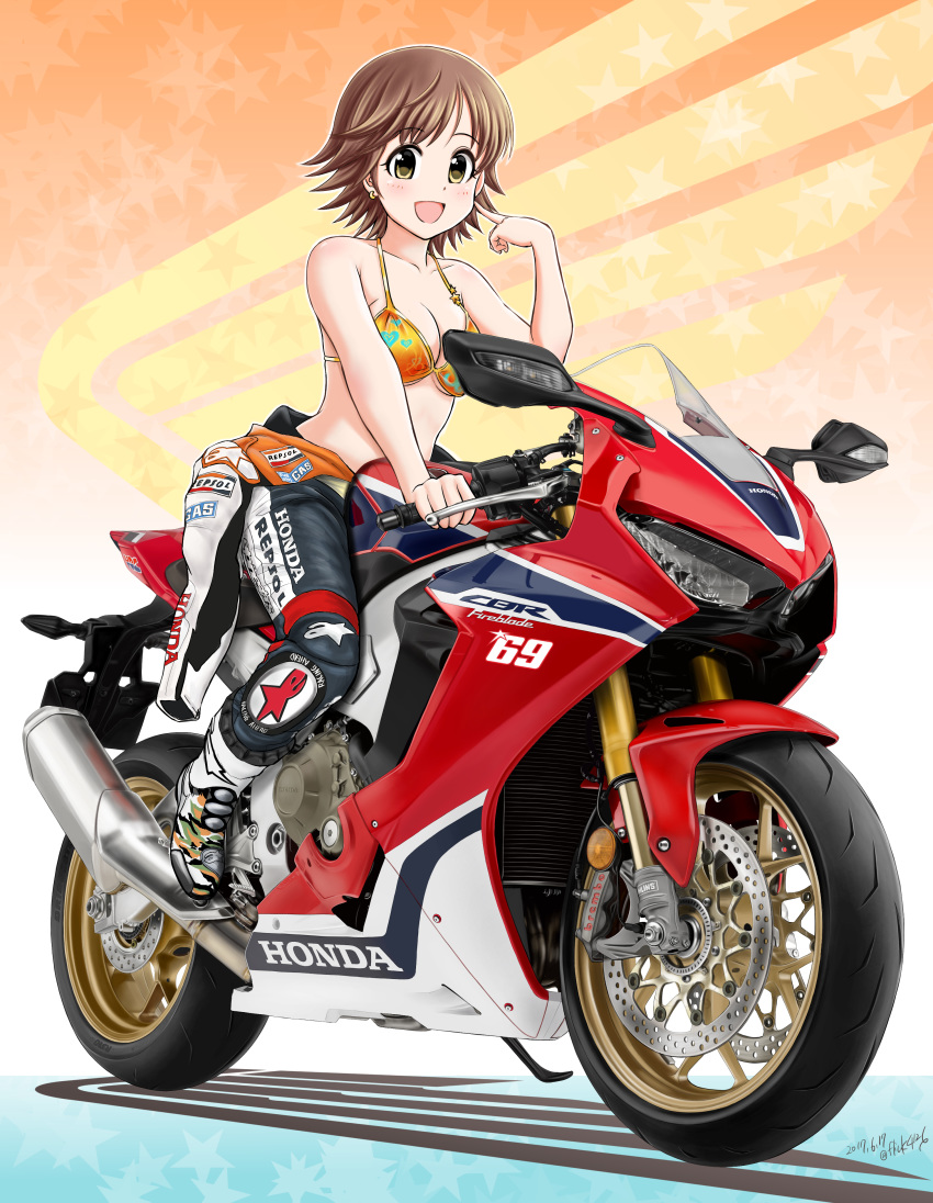 absurdres bangs bare_shoulders biker_clothes bikesuit black_pants blush boots breasts brown_eyes brown_hair cleavage commentary_request earrings flick_(sal23) gradient gradient_background ground_vehicle highres honda_mio idolmaster idolmaster_cinderella_girls jewelry looking_at_viewer medium_breasts motor_vehicle motorcycle open_bodysuit open_mouth orange_background orange_bikini_top pants pointing pointing_at_self short_hair smile solo