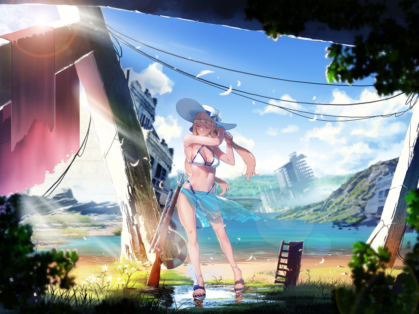 alternate_costume bangs bare_arms bikini blue_bikini blue_nails blue_ribbon blue_sky blurry blurry_foreground blush bolt_action breasts brown_hair cleavage closed_eyes cloud commentary_request day depth_of_field eyebrows_visible_through_hair facing_viewer feathers flower girls_frontline gun hair_between_eyes hair_ribbon hair_rings hat hat_flower hat_ribbon highleg highleg_bikini highres ihobus large_breasts lifebuoy long_hair m1903_springfield m1903_springfield_(girls_frontline) nail_polish navel o-ring object_namesake outdoors power_lines puddle reflection ribbon rifle ruins sandals sarong scenery see-through sidelocks skindentation sky smile solo stomach sun_hat sunlight swimsuit tying_hair water weapon white_hat wide_shot wind