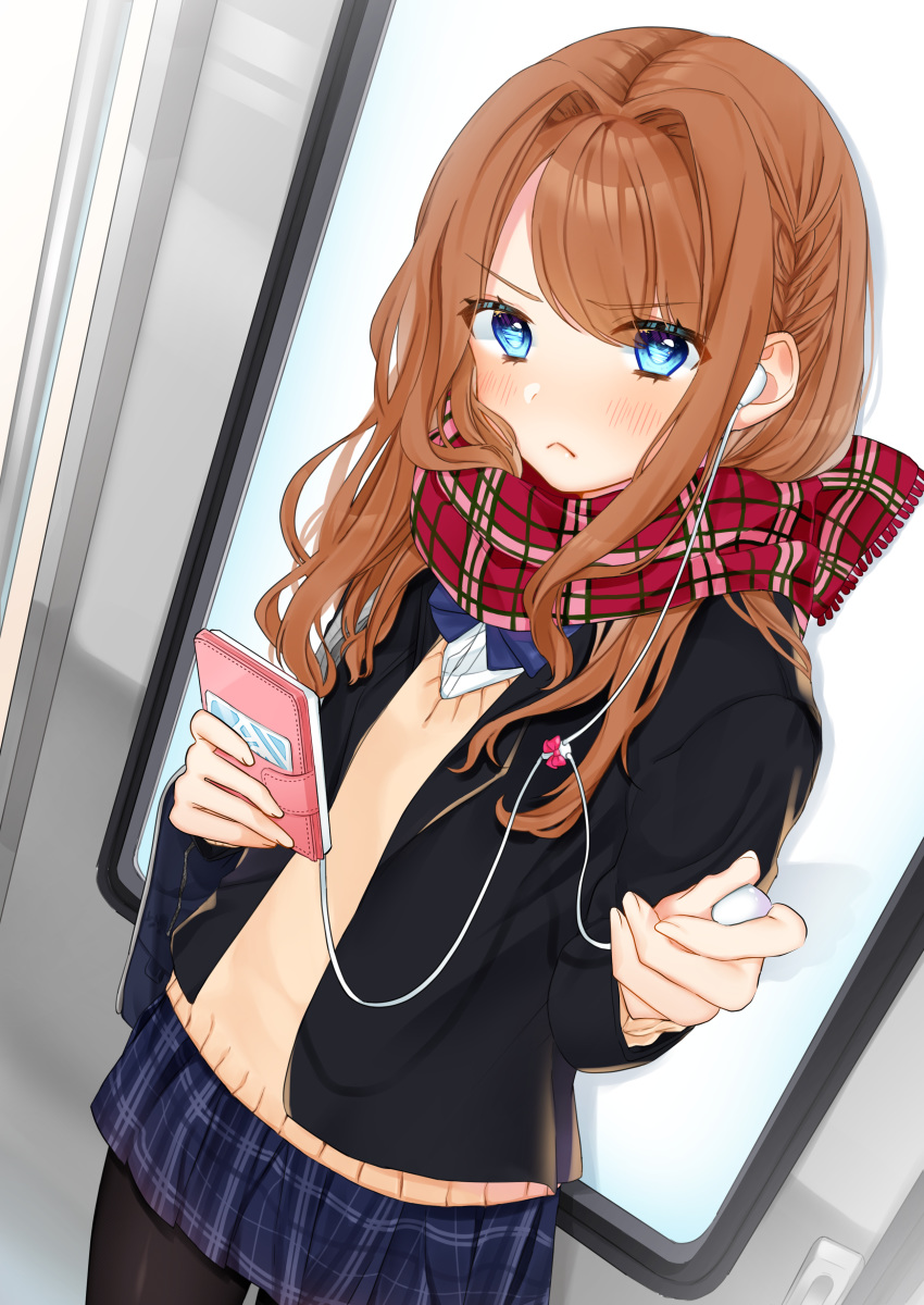 :&lt; absurdres black_jacket black_legwear blue_bow blue_eyes blue_skirt blush bow brown_hair cellphone closed_mouth earbuds earphones etto_eat eyebrows_visible_through_hair highres holding holding_cellphone holding_phone jacket long_hair original pantyhose phone pout red_scarf scarf school_uniform skirt smartphone solo train_interior