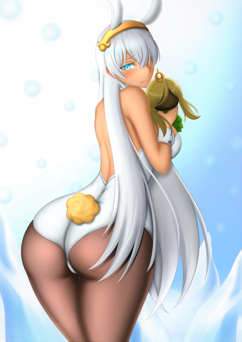 1girl anastasia_(fate/grand_order) animal_ears ass bare_shoulders blue_eyes blush breasts bunny_ears bunny_tail bunnysuit dark_skin fake_animal_ears fate/grand_order fate_(series) from_behind large_breasts leotard long_hair looking_at_viewer looking_back pantyhose sideboob silver_hair smile solo str tail very_long_hair
