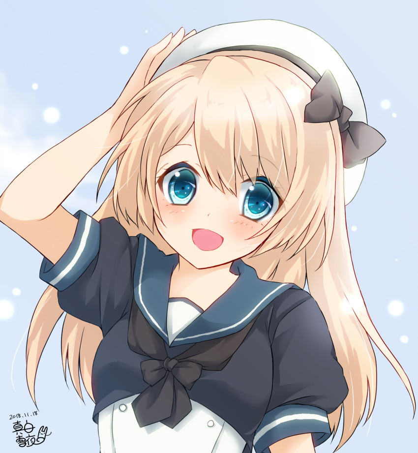 1girl artist_logo blonde_hair blue_background blue_eyes blue_sailor_collar dated dress gloves hat highres jervis_(kantai_collection) kantai_collection long_hair looking_at_viewer open_mouth sailor_collar sailor_dress sailor_hat salute smile solo upper_body white_dress white_gloves white_hat