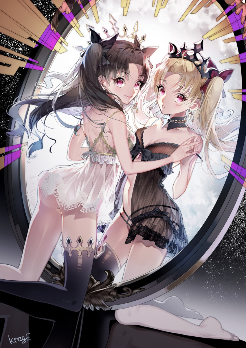 alternate_costume arched_back ass asymmetrical_legwear babydoll bangs bare_shoulders black_legwear black_ribbon blonde_hair blush breasts brown_hair cleavage closed_mouth collarbone commentary_request crown detached_collar dutch_angle earrings ereshkigal_(fate/grand_order) eyebrows_visible_through_hair fate/grand_order fate_(series) from_behind hair_ribbon highres holding_hands hoop_earrings interlocked_fingers ishtar_(fate/grand_order) jewelry krage_(32700181) lingerie long_hair long_legs looking_at_viewer medium_breasts multiple_girls navel neck_ring negligee no_panties parted_bangs parted_lips pink_lips red_eyes ribbon see-through signature single_thighhigh sitting smile strap_slip thighhighs thighs tiara two_side_up underwear underwear_only