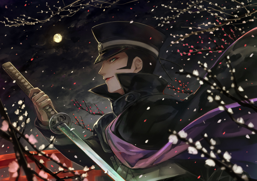 black_hair cape devil_summoner from_side full_moon green_eyes hat highres holding holding_sword holding_weapon kamizawa_(sark) kuzunoha_raidou male_focus moon night night_sky shin_megami_tensei sideburns sky solo sword weapon