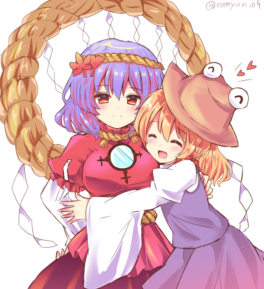 :d ^_^ artist_name bangs blonde_hair blouse blush breasts brown_hat closed_eyes commentary_request cowboy_shot eyebrows_visible_through_hair hair_between_eyes hair_ornament hair_ribbon hand_on_another's_back hand_on_hip hat heart highres juliet_sleeves large_breasts leaf_hair_ornament long_sleeves looking_at_viewer mirror moriya_suwako multiple_girls open_mouth puffy_short_sleeves puffy_sleeves purple_hair purple_skirt purple_vest ramudia_(lamyun) red_blouse red_eyes red_ribbon red_skirt ribbon rope shide shimenawa shirt short_hair short_sleeves simple_background skirt skirt_set smile touhou twitter_username vest white_background white_shirt wide_sleeves yasaka_kanako yuri