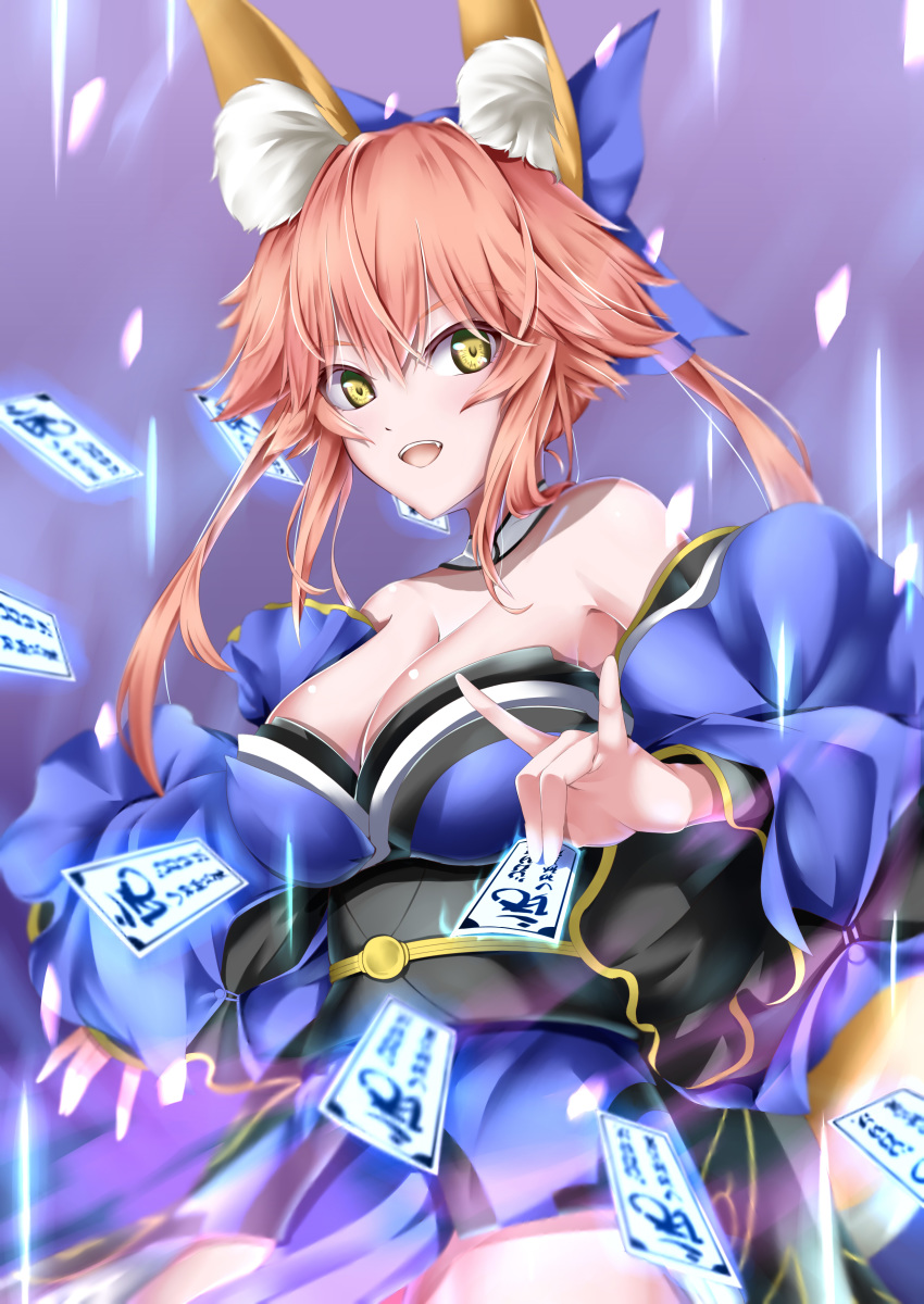 absurdres animal_ear_fluff animal_ears blue_ribbon breasts cleavage fang fate/grand_order fate_(series) fox_ears fox_girl fox_tail hair_ribbon highres japanese_clothes kamehito large_breasts looking_at_viewer open_mouth pink_hair ribbon solo tail tamamo_(fate)_(all) tamamo_no_mae_(fate) yellow_eyes