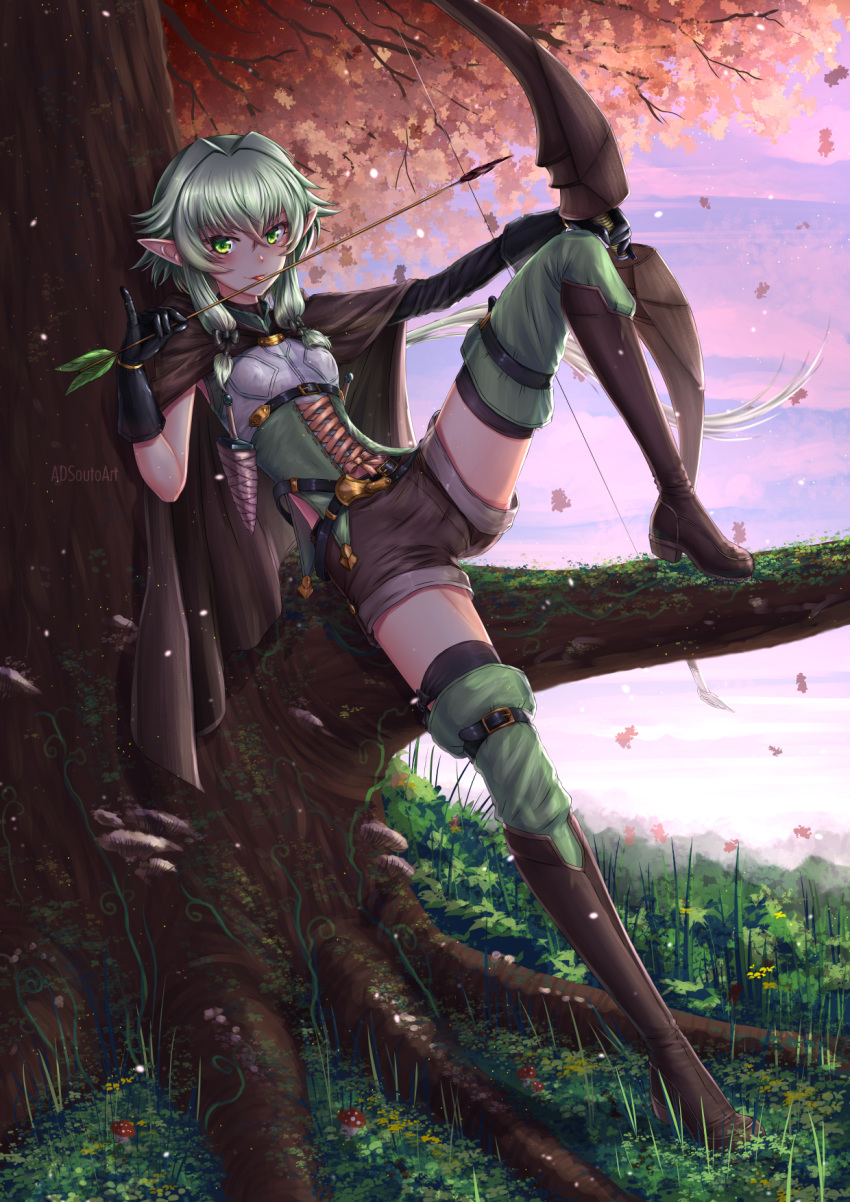 adsouto arrow artist_name asymmetrical_sleeves autumn_leaves black_gloves blush boots bow breasts cloak commentary day elf english_commentary gloves goblin_slayer! green_eyes green_hair high_elf_archer_(goblin_slayer!) highres holding holding_weapon licking licking_weapon long_hair looking_at_viewer pointy_ears short_hair_with_long_locks shorts sitting small_breasts solo thighhighs tree weapon