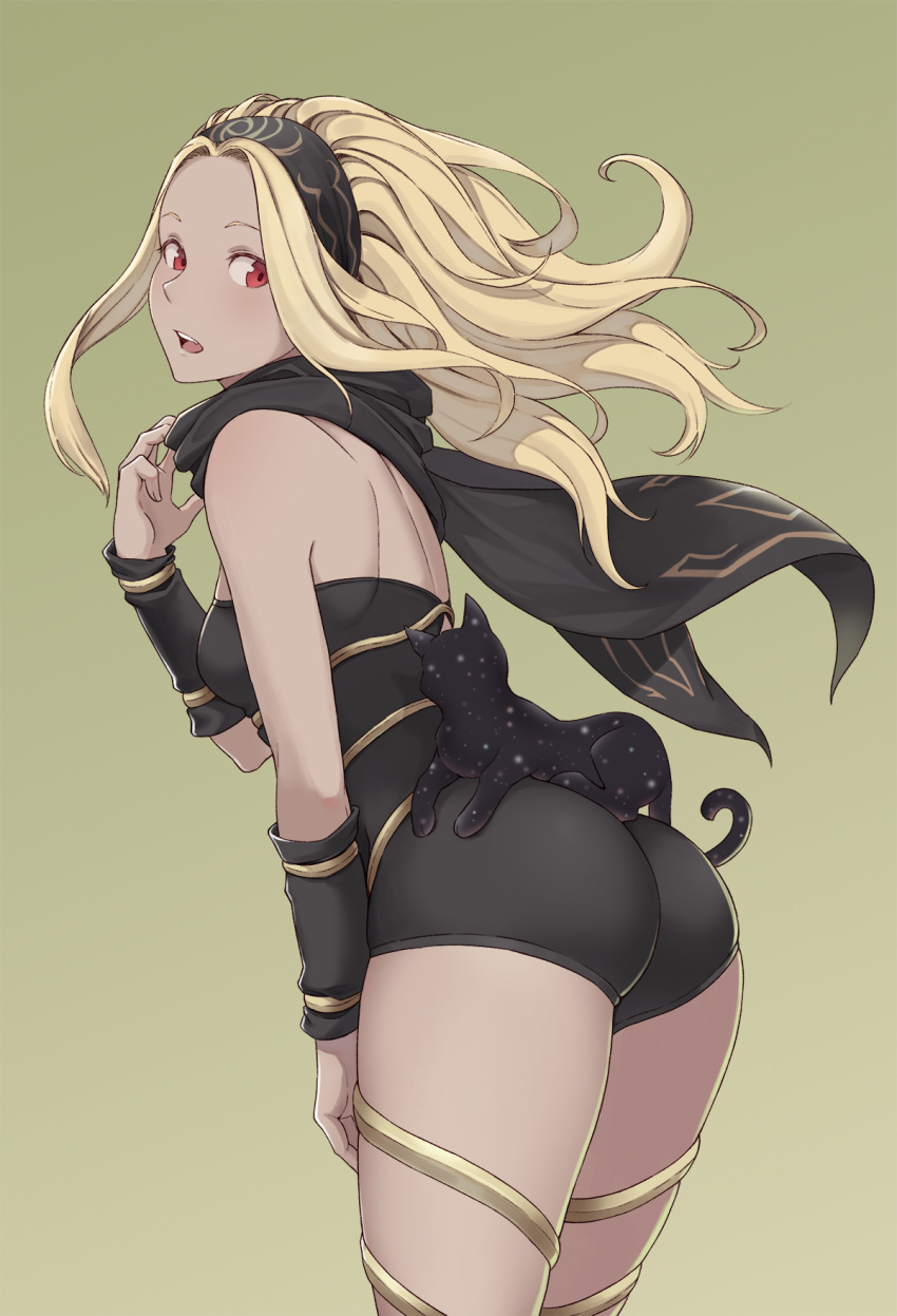 ass bare_shoulders blonde_hair breasts cheshirrr from_behind gravity_daze hairband highres kitten_(gravity_daze) long_hair looking_back red_eyes scarf small_breasts solo