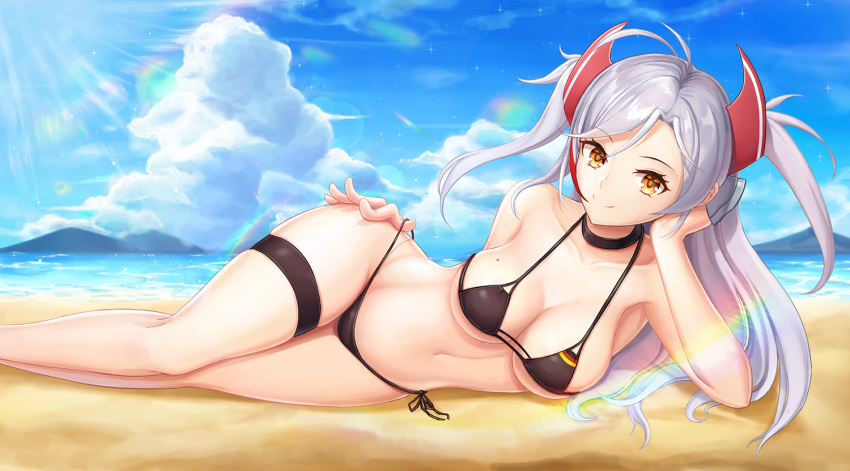 4coke alternate_costume antenna_hair armpits azur_lane bangs bare_arms beach bikini black_bikini black_ribbon blue_sky blush breasts brown_eyes choker cleavage closed_mouth cloud commentary_request day eyebrows_visible_through_hair feet_out_of_frame flag_print german_flag_bikini hair_between_eyes hair_ribbon head_on_hand large_breasts long_hair looking_at_viewer lying mole mole_on_breast multicolored_hair navel ocean on_side orange_eyes outdoors prinz_eugen_(azur_lane) red_hair ribbon sand side-tie_bikini sidelocks silver_hair sky smile solo sparkle stomach streaked_hair sunlight swimsuit thigh_strap thighs two_side_up untied untied_bikini very_long_hair