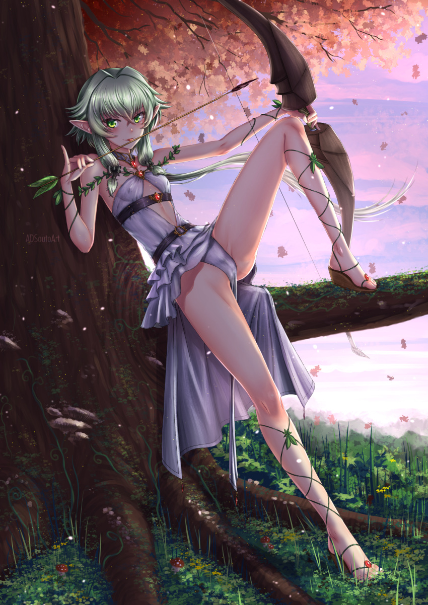 adsouto arrow artist_name autumn_leaves belt blush bow breasts center_opening day dress elf frills goblin_slayer! green_eyes green_hair high_elf_archer_(goblin_slayer!) highres holding holding_weapon licking licking_weapon long_hair looking_at_viewer pelvic_curtain platform_footwear pointy_ears sandals short_hair_with_long_locks sitting small_breasts solo tree weapon white_dress