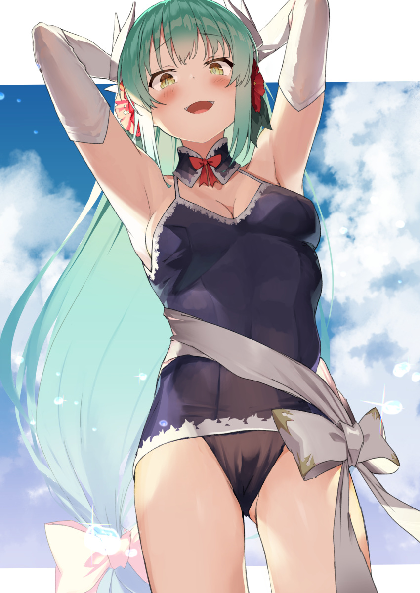 absurdres aqua_hair armpits arms_up bangs blush bow breasts cleavage detached_collar dragon_horns elbow_gloves eyebrows_visible_through_hair fate/grand_order fate_(series) flower gloves green_hair hair_bow hair_flower hair_ornament highres horns kiyohime_(fate/grand_order) long_hair looking_at_viewer low-tied_long_hair medium_breasts one-piece_swimsuit open_mouth sash sidelocks smile solo swimsuit thighs white_gloves xkirara39x yellow_eyes