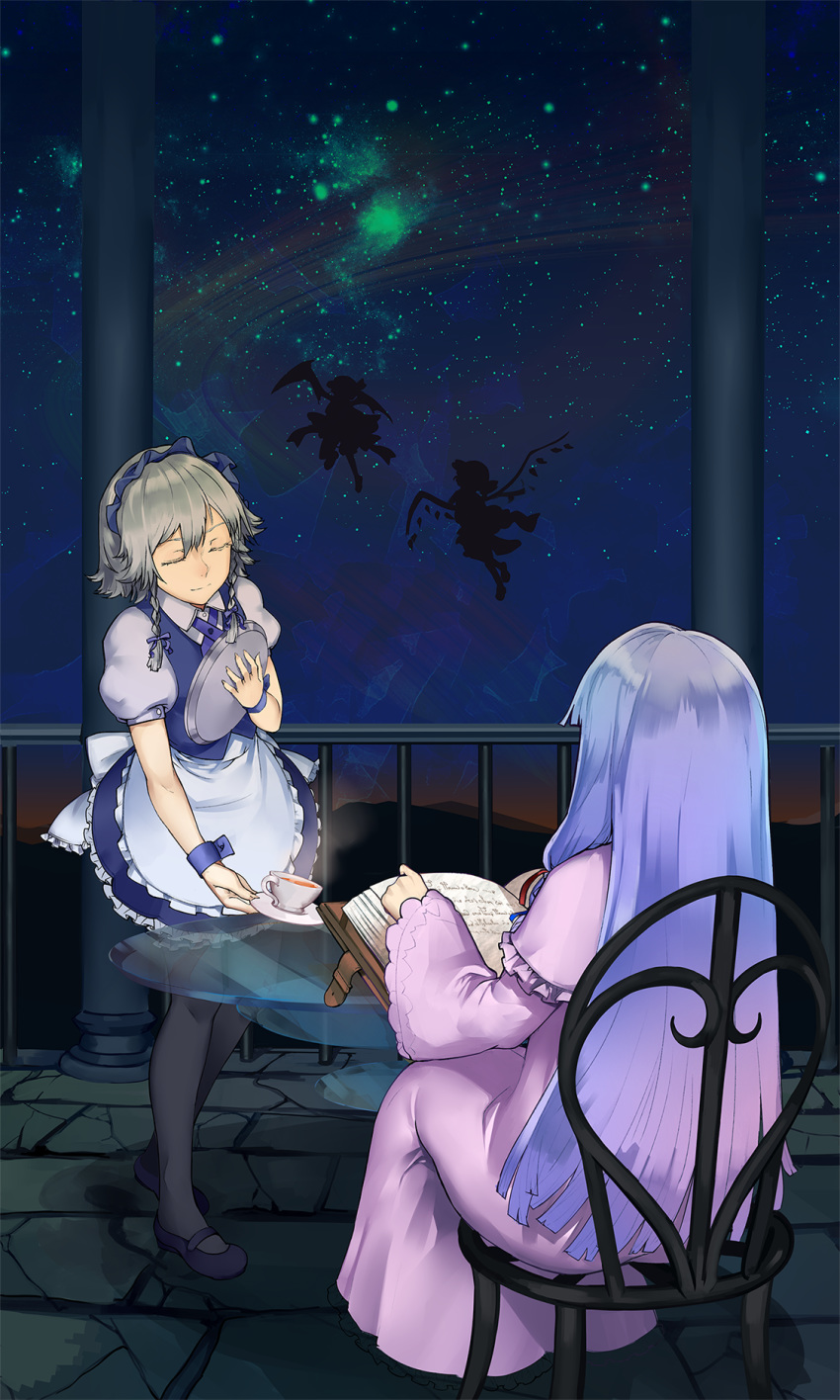 apron bat_wings black_legwear blue_bow blue_footwear book bow braid capelet chair closed_eyes commentary_request cup dusk flandre_scarlet from_behind glass_table hair_bow hat highres izayoi_sakuya light_smile long_hair long_sleeves maid maid_apron maid_headdress mary_janes multiple_girls nebula night night_sky no_hat no_headwear open_book patchouli_knowledge plate purple_hair reading remilia_scarlet shoes short_hair short_sleeves silhouette silver_hair sitting sky soku_(bluerule-graypray) star_(sky) starry_sky steam table tea teacup the_embodiment_of_scarlet_devil touhou twin_braids very_long_hair wide_sleeves wings wrist_cuffs