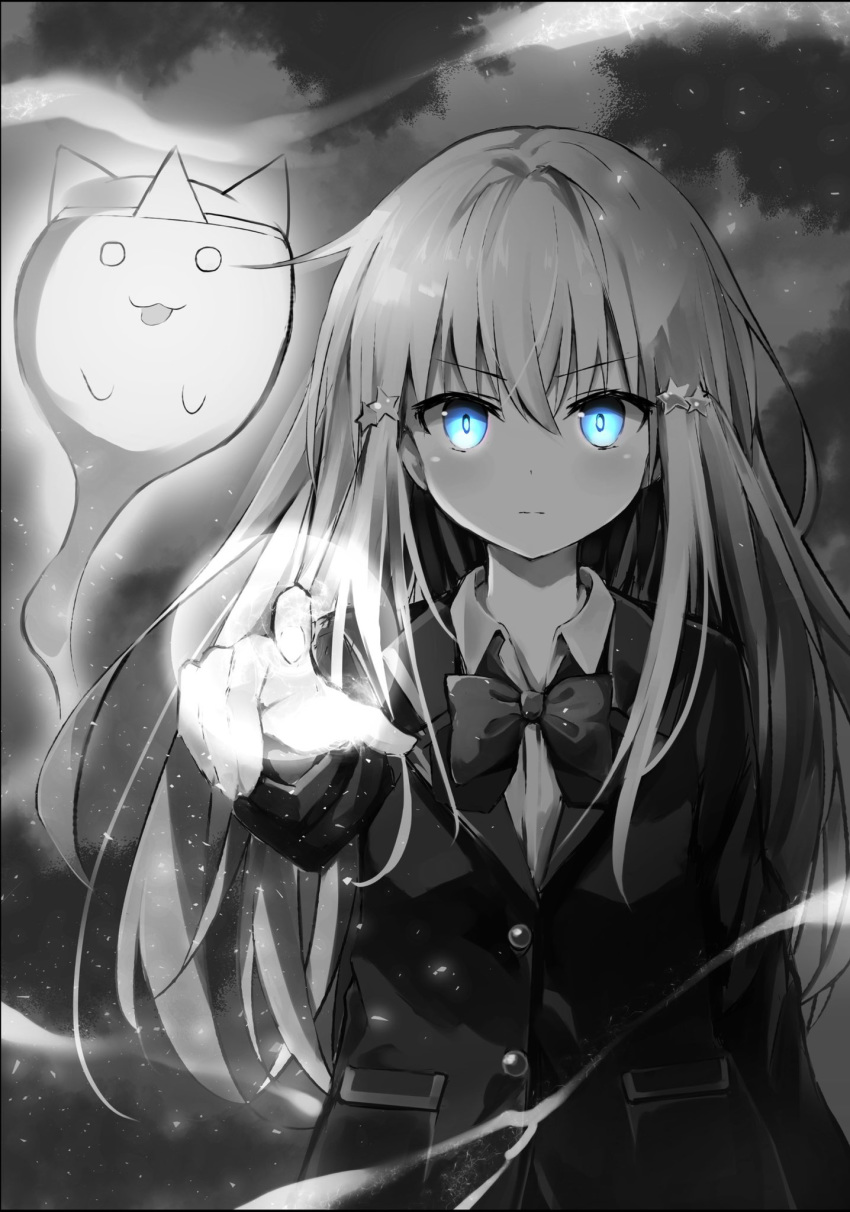 :3 arm_at_side bangs blazer blue_eyes bow bowtie buttons closed_mouth collared_shirt commentary_request eyebrows_visible_through_hair frown ghost glowing glowing_eyes greyscale hair_ornament highres hyurasan jacket light light_particles long_hair long_sleeves looking_at_viewer magic monochrome o_o original pointing pointing_at_viewer shirt sidelocks solo spot_color star star_hair_ornament tongue tongue_out triangular_headpiece upper_body v-shaped_eyebrows wind wing_collar